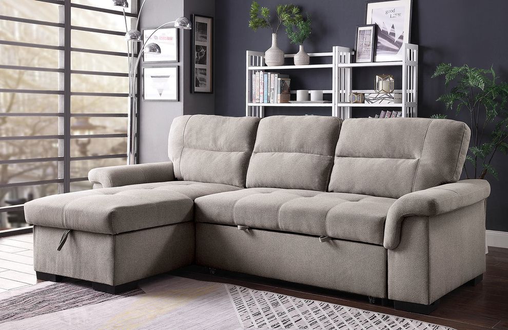 Linen light gray sleeper / storage sectional sofa by Furniture of America