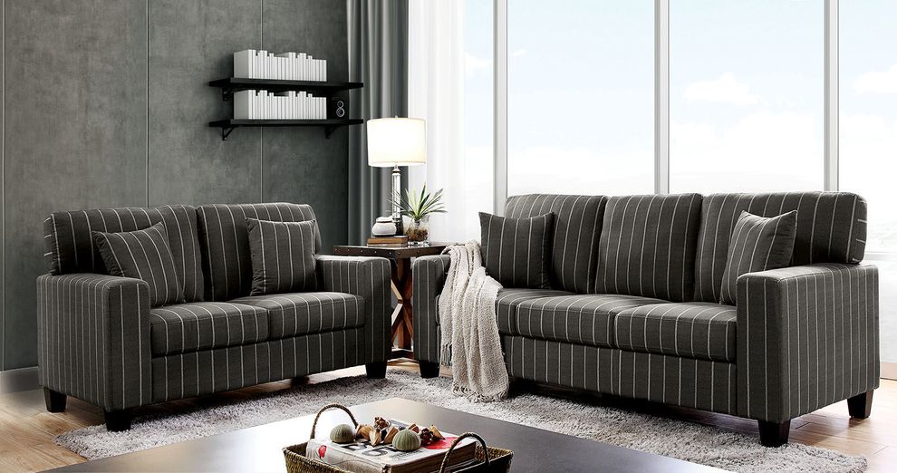 Pinstripe design dark gray fabric casual sofa by Furniture of America