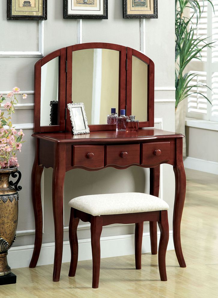 Cherry simple style vanity and stool set by Furniture of America
