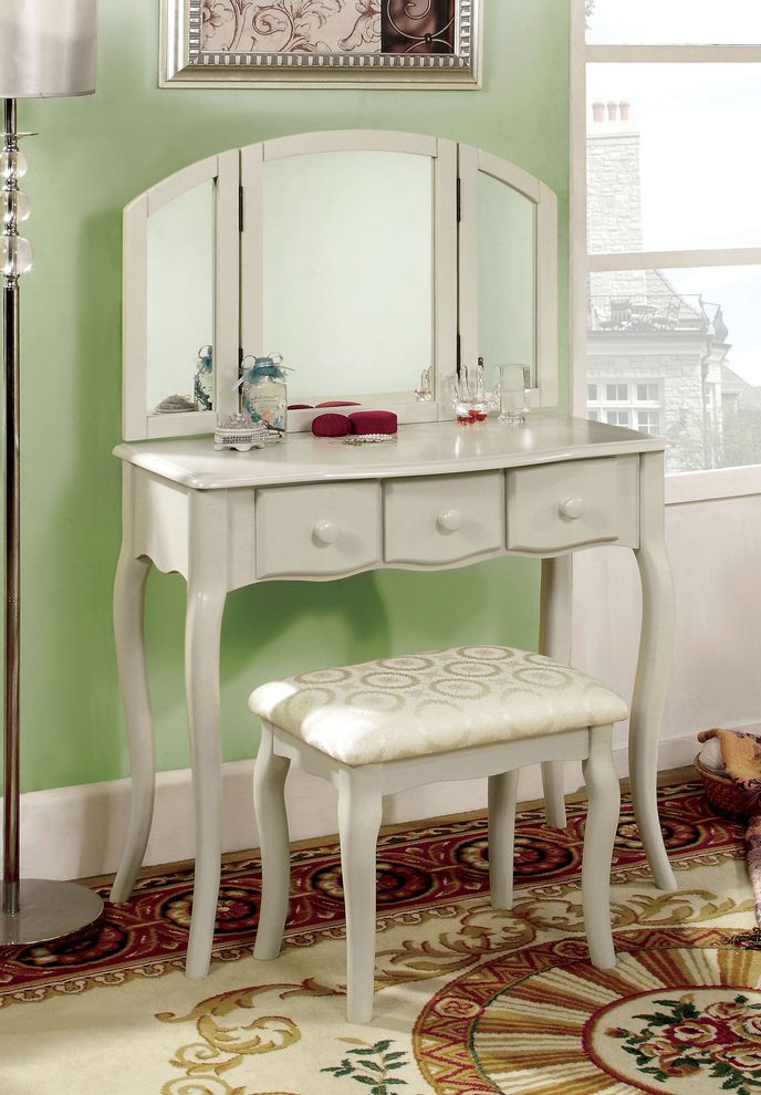 White simple style vanity and stool set by Furniture of America