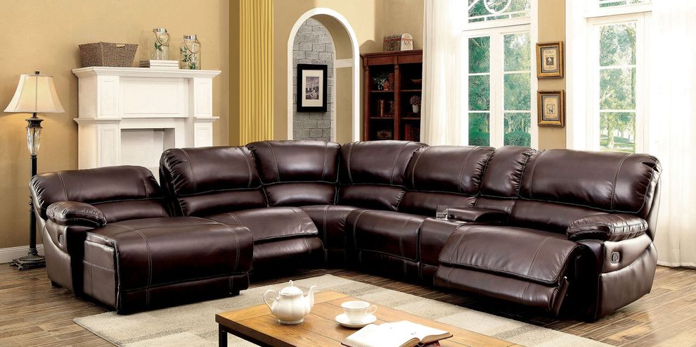 Dark brown leather recliner sectional sofa by Furniture of America