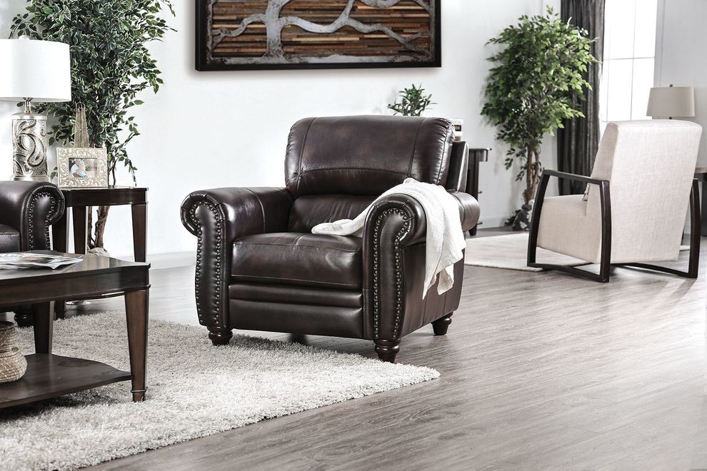 Top grain leather match walnut/brown chair by Furniture of America
