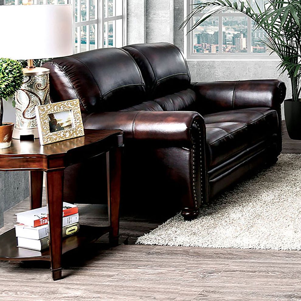 Top grain leather match walnut/brown loveseat by Furniture of America
