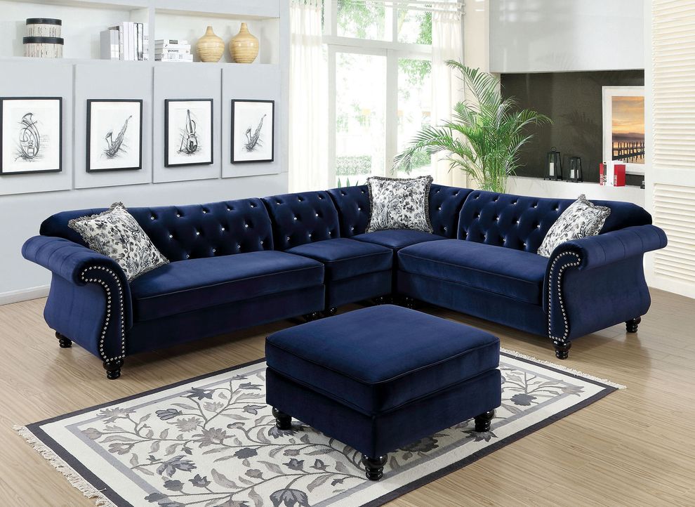 Blue fabric tufted button design sectional sofa by Furniture of America