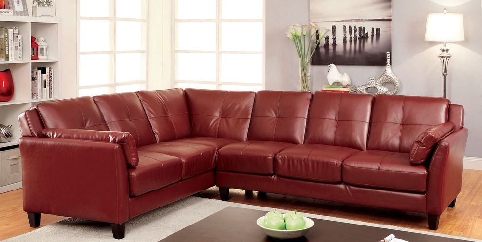 Leatherette red sectional sofa in casual style by Furniture of America
