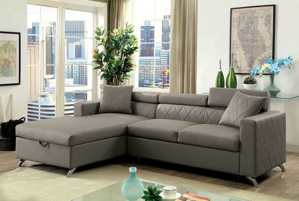 Gray faux leather sectional w/ adjustable headrests by Furniture of America