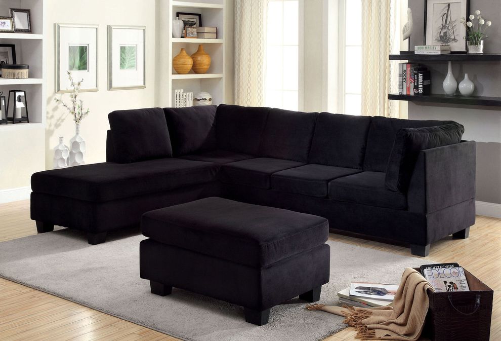 Black plush fabric casual style sectional by Furniture of America