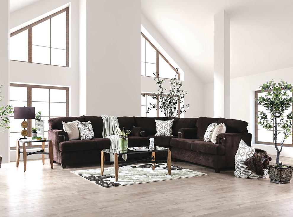 Dark brown chocolate fabric sectional sofa by Furniture of America