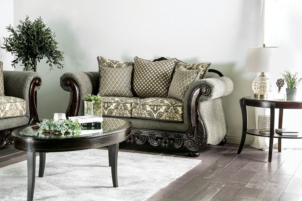 Traditional style gray fabric loveseat / wood trim by Furniture of America