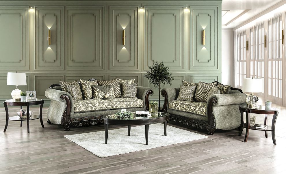 Traditional style gray fabric sofa / wood trim by Furniture of America