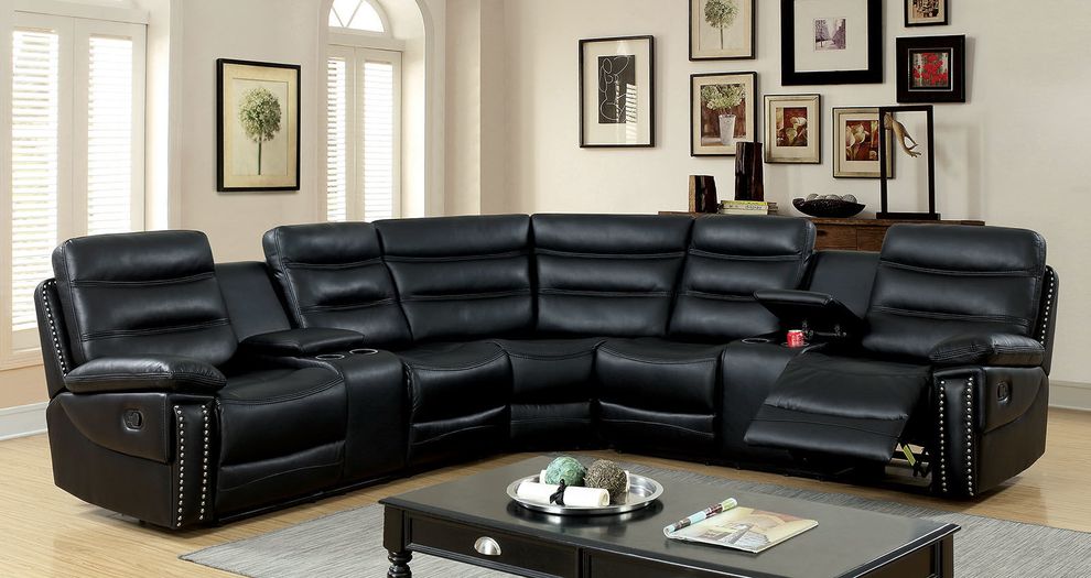 Double-stitched transitional style black leather recliner sectional by Furniture of America