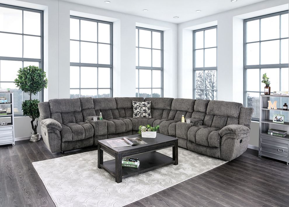 Gray flannelette fabric oversized recliner sectional by Furniture of America