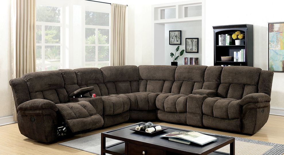 Brown flannelette fabric oversized recliner sectional by Furniture of America