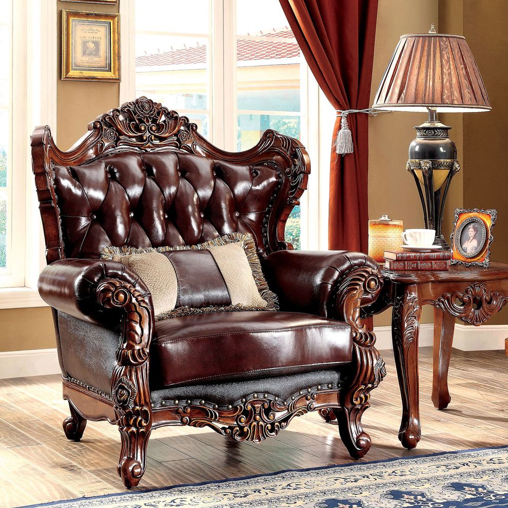 Classical design top grain brown leather chair by Furniture of America