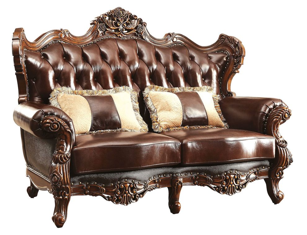 Classical design top grain brown leather loveseat by Furniture of America