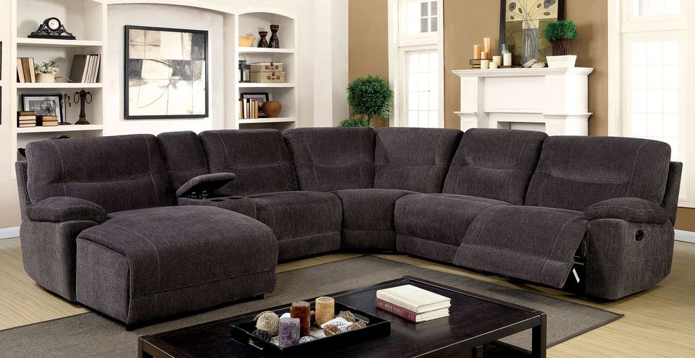 Recliner gray fabric sectional w/ console by Furniture of America