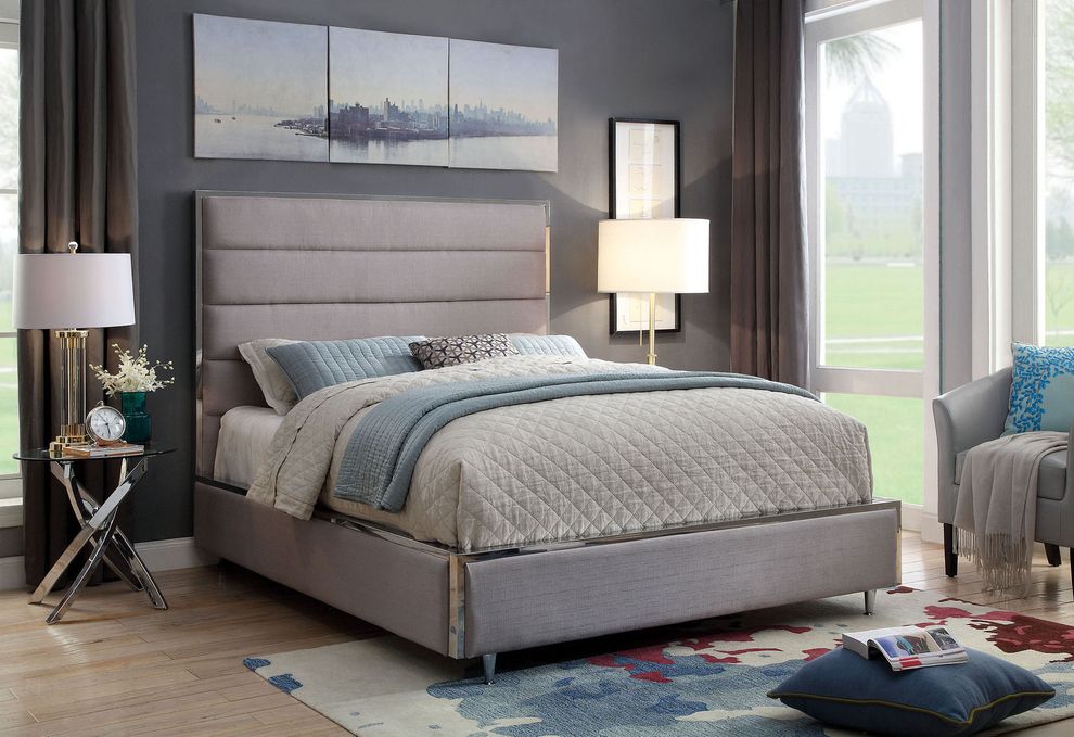 Low-profile gray fabric bed in contemporary style by Furniture of America