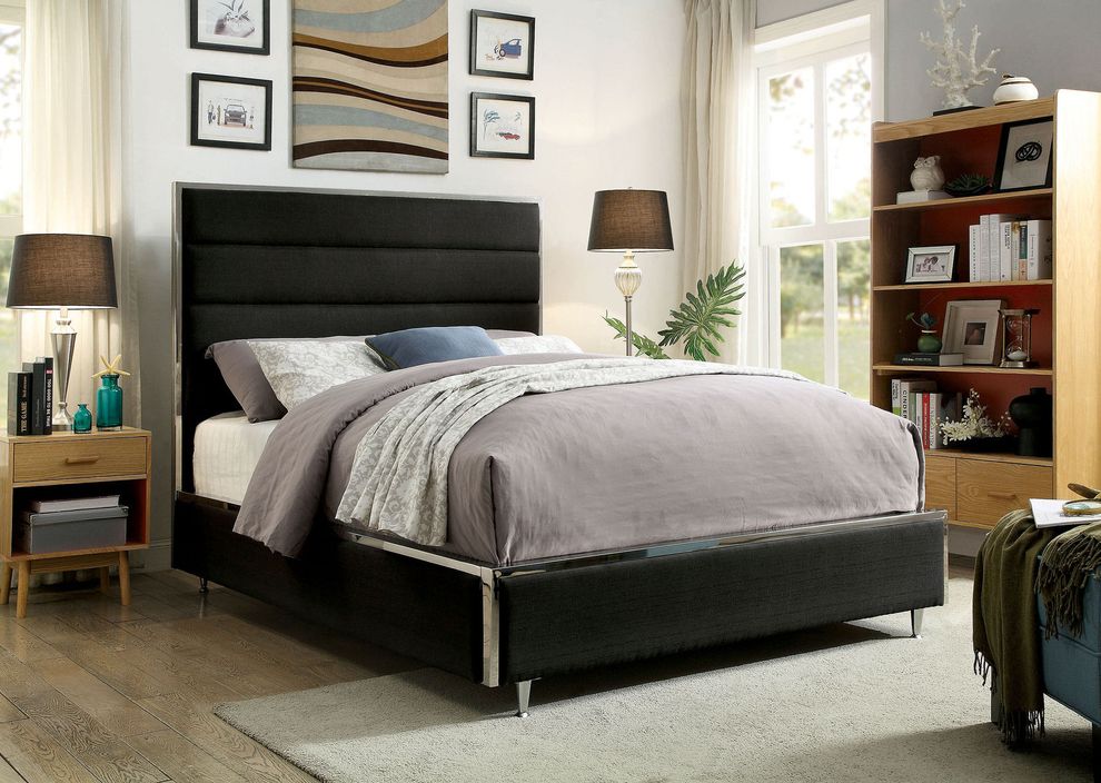 Low-profile black fabric bed in contemporary style by Furniture of America