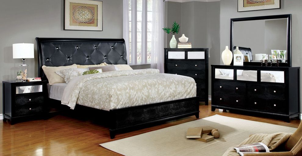 Crocodile leather style king bed in black by Furniture of America