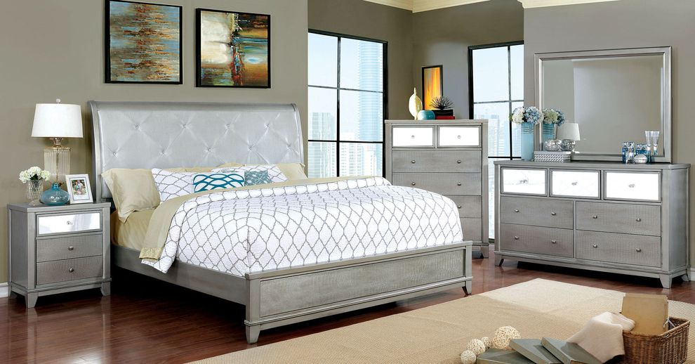 Crocodile leather style king bed in silver by Furniture of America