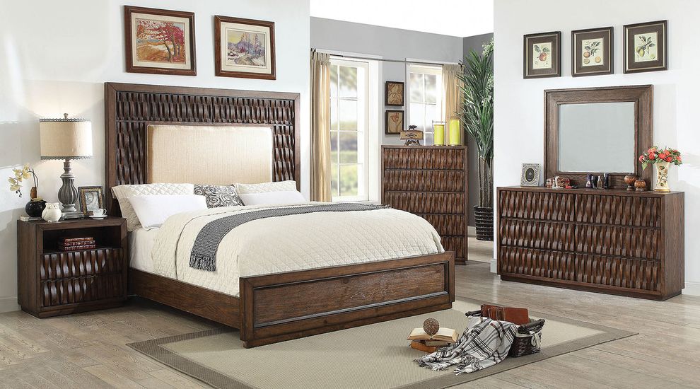 Tall headboard wood inlay design king bed by Furniture of America