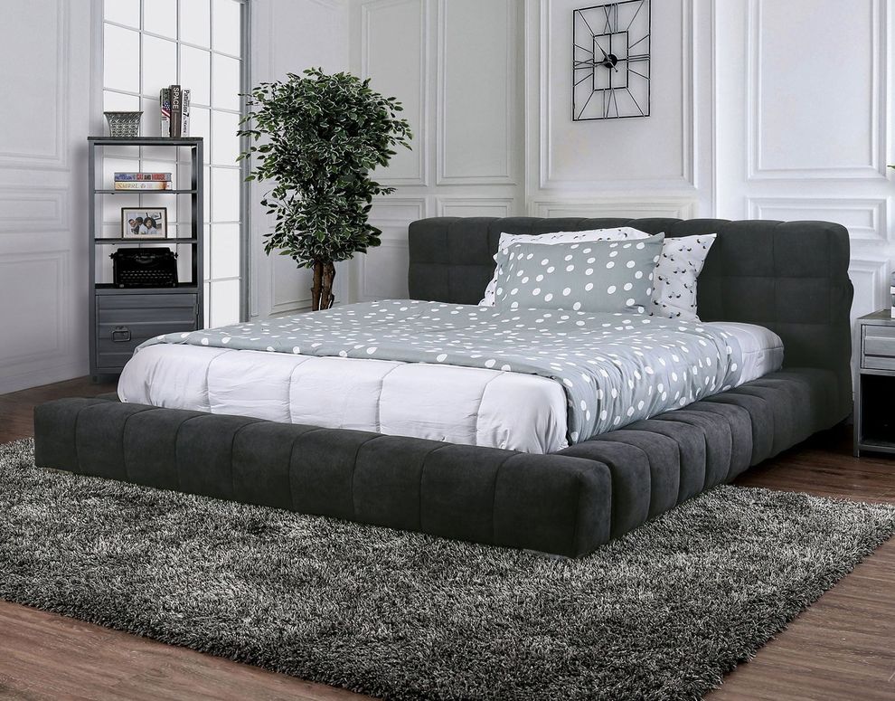 Dark gray linen-like fabric ultra-low profile king bed by Furniture of America