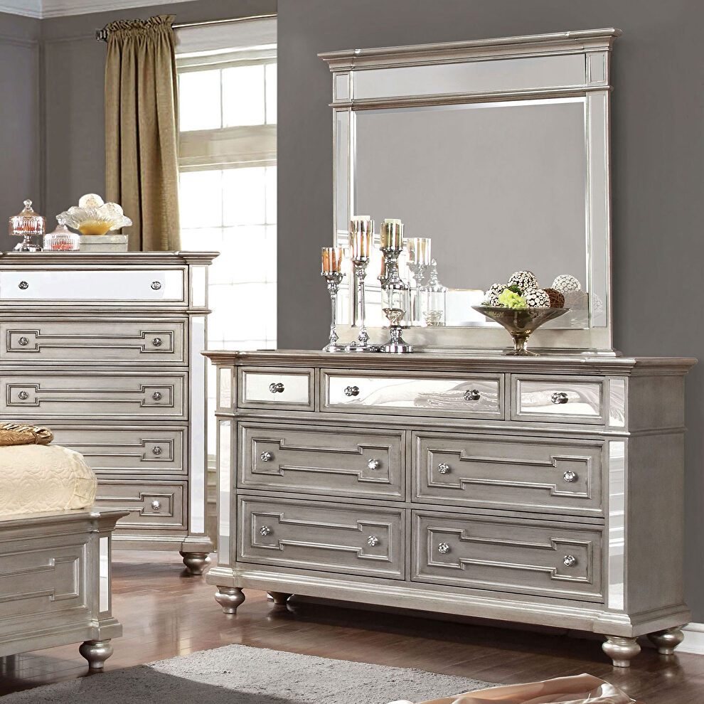 Mirrored panel stylish silver finish dresser by Furniture of America