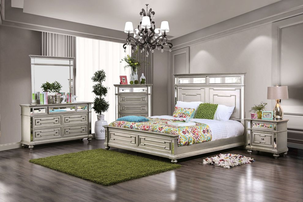Mirrored panel stylish silver finish king size bed by Furniture of America