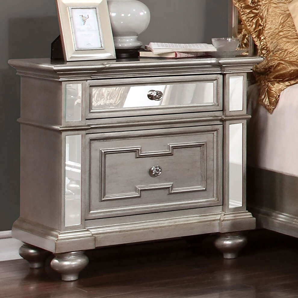 Mirrored panel stylish silver finish nightstand by Furniture of America