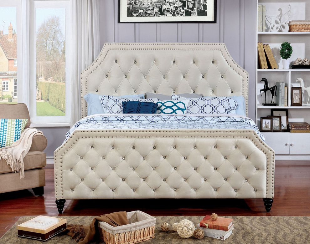 Beige full bed with crystal-like buttons design by Furniture of America