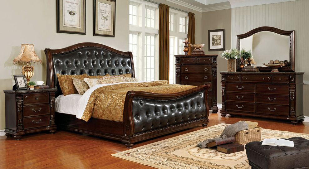 Dark cherry finish tufted headboard king bed by Furniture of America
