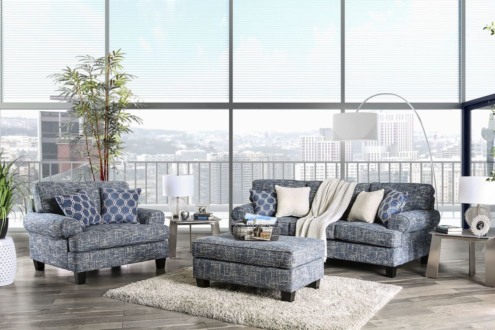 US-made casual transition style blue fabric sofa by Furniture of America