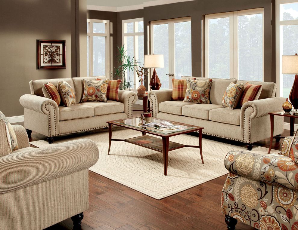 Tan fabric casual style sofa by Furniture of America