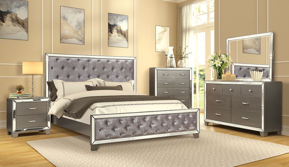 Mirrored panel / crystal handles modern king bed by Mainline
