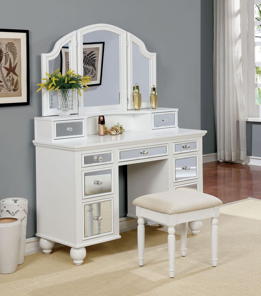 White glam style vanity and stool set by Furniture of America