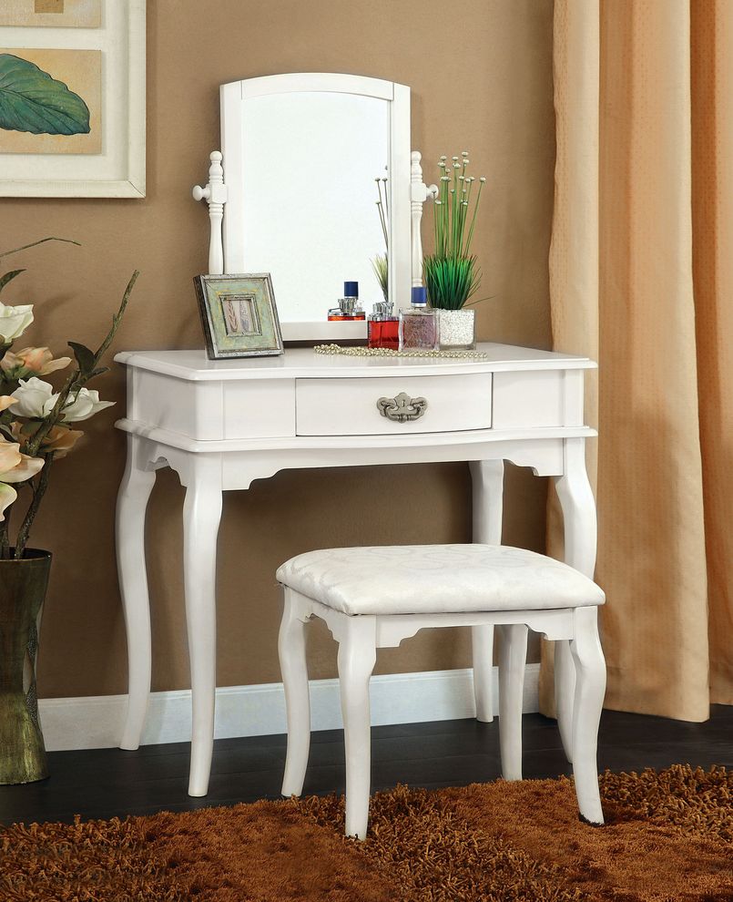 White color vanity and stool set by Furniture of America