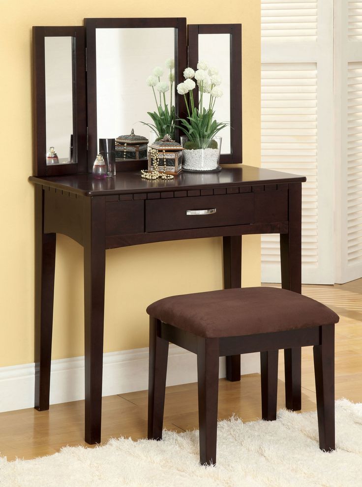 Rectangular mirror style vanity and stool set by Furniture of America