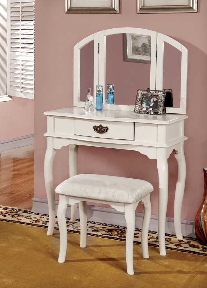 White simple vanity set with stool by Furniture of America