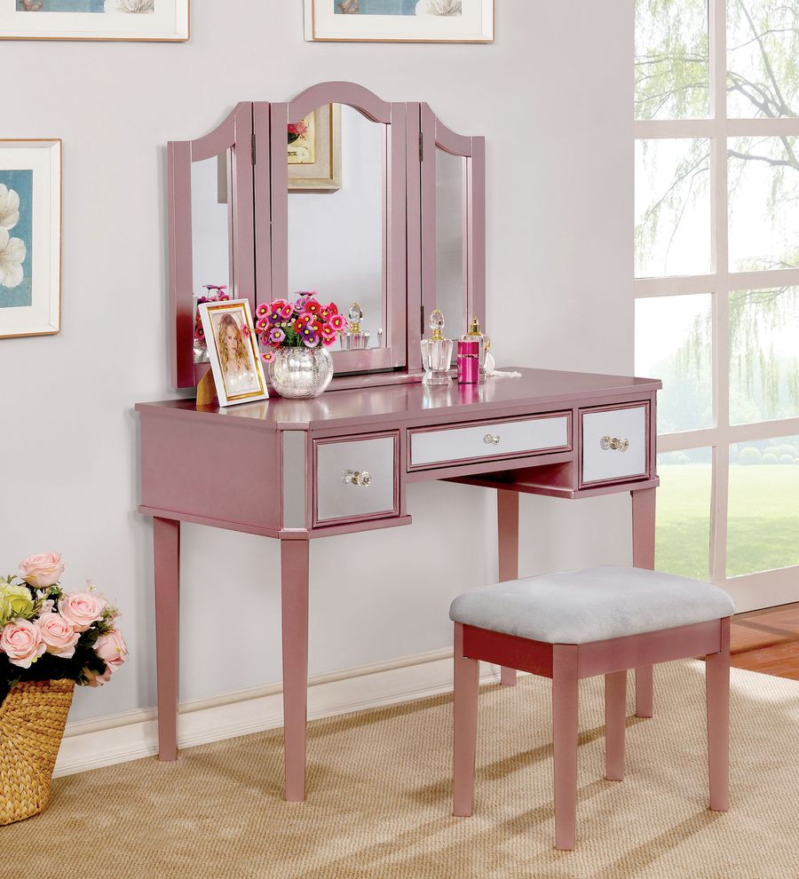 Mirrored inserts vanity set in rose by Furniture of America