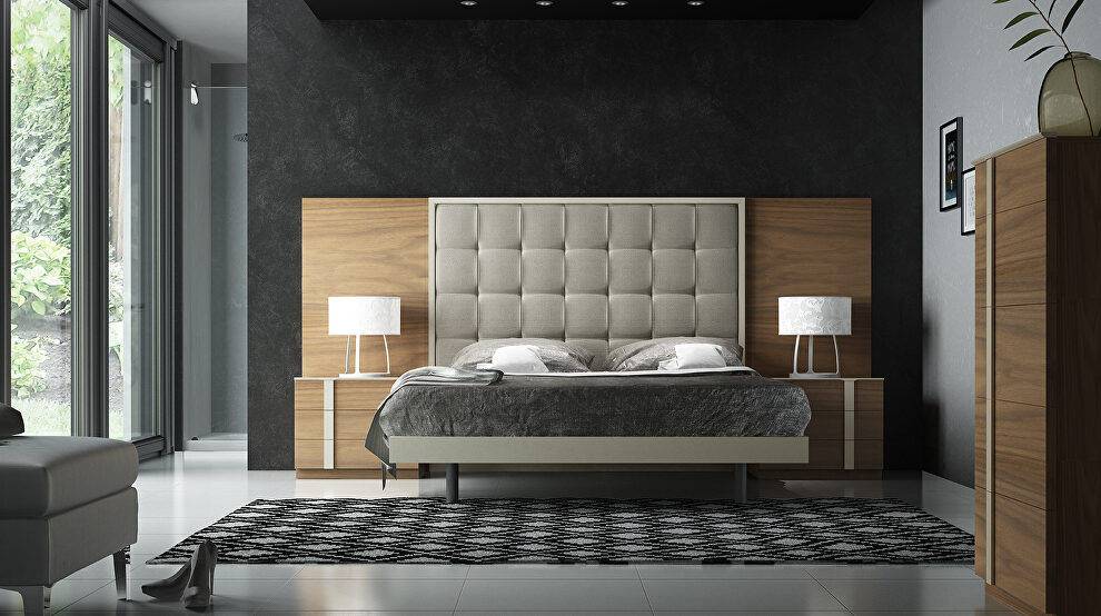 Walnut / gray high headboard special order king bed by Fenicia Spain