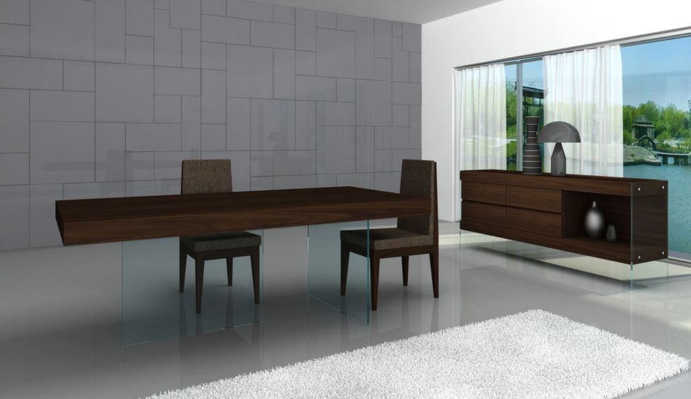 Glass legs / chocolate wood top family dining table by J&M