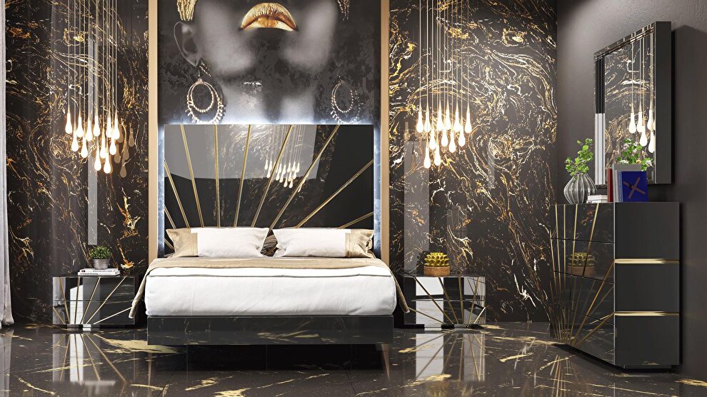 European glamour black high gloss finish platform king bed by Franco Spain