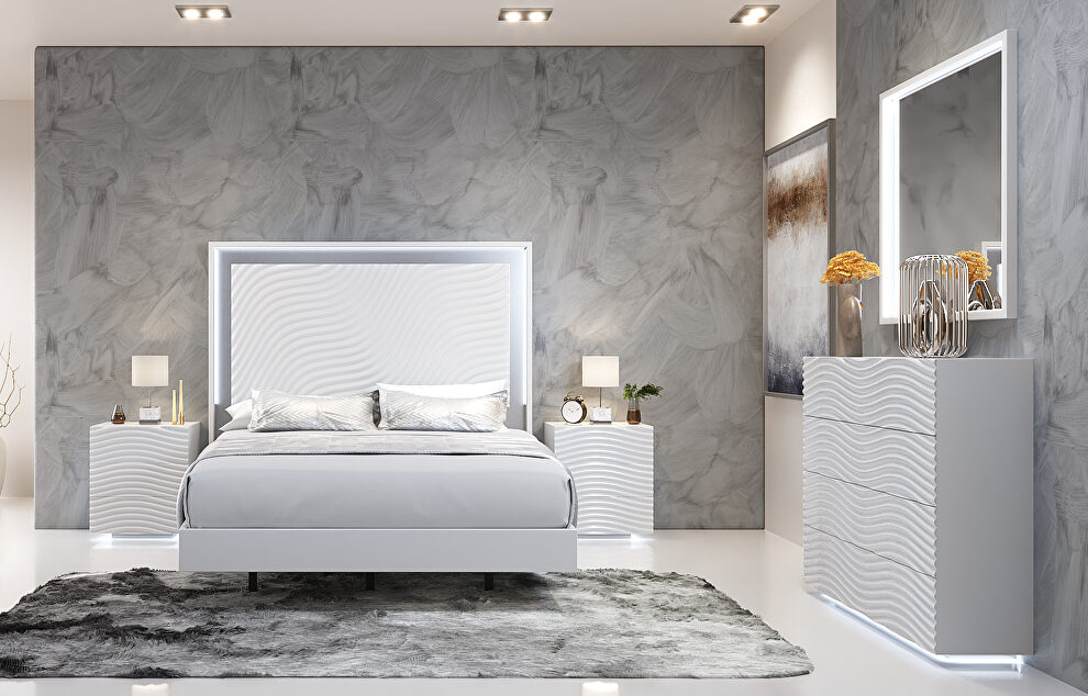 Stylish white glam style queen bed w/ light by Franco Spain