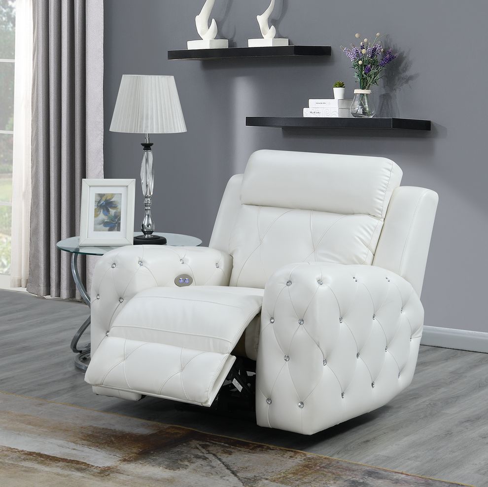White jewel embellished white power recliner by Global