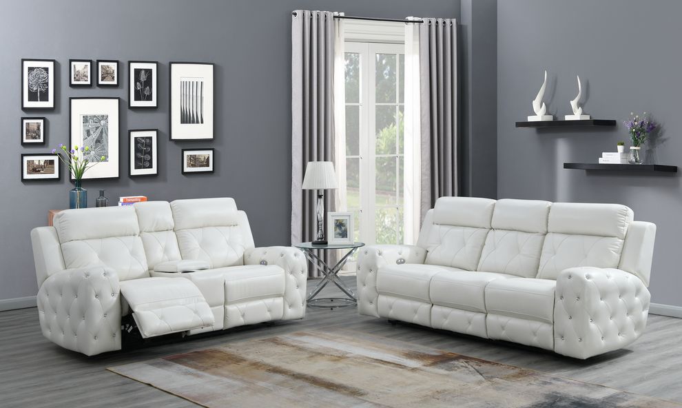 White jewel embellished white power recline sofa by Global