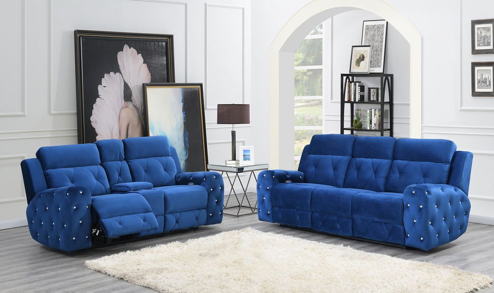 Blue jewel embellished blue power recline sofa by Global
