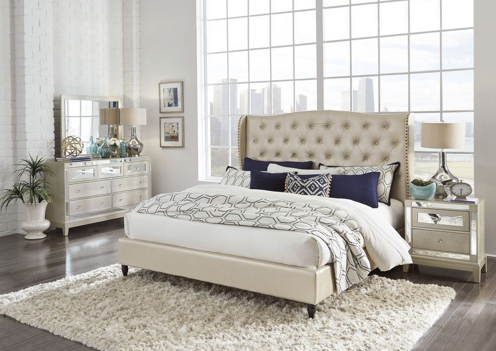 Modern tufted headboard king bed in champagne by Global