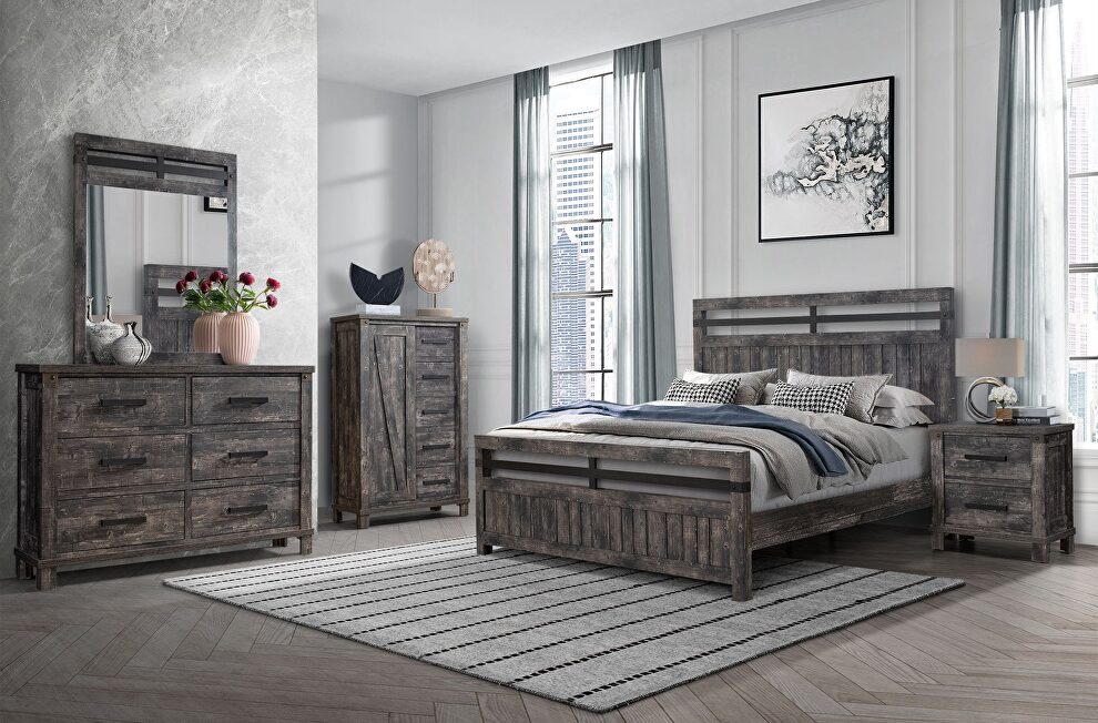 Farmhouse style gray distressed finish queen bed by Global