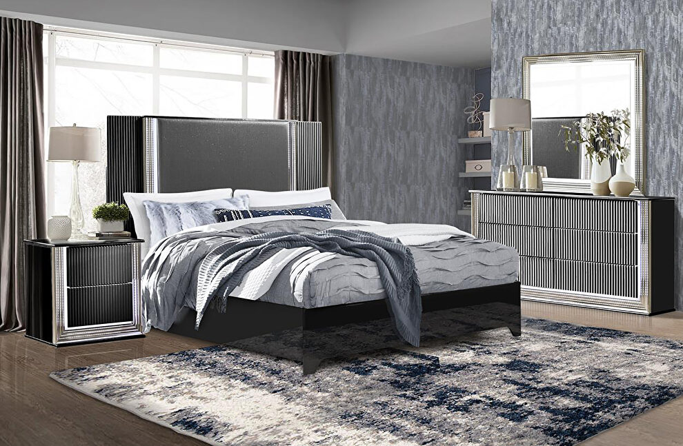 Contemporary black bed w/ light by Global