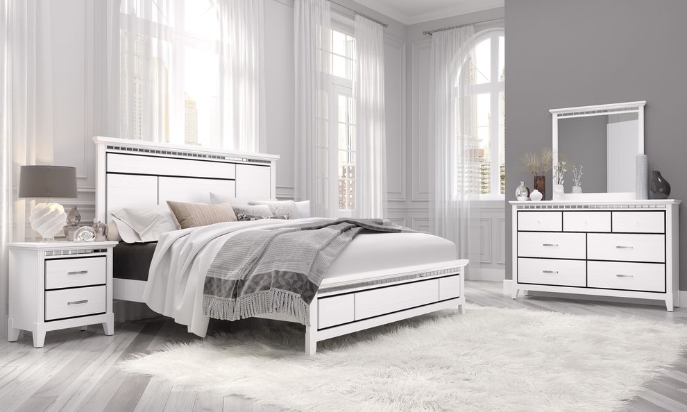 Affordable white contemporary bed w/ mirrored accents by Global